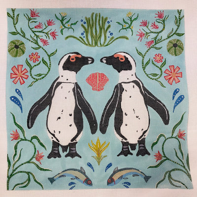 Penguins with Botanicals Needlepoint Canvas