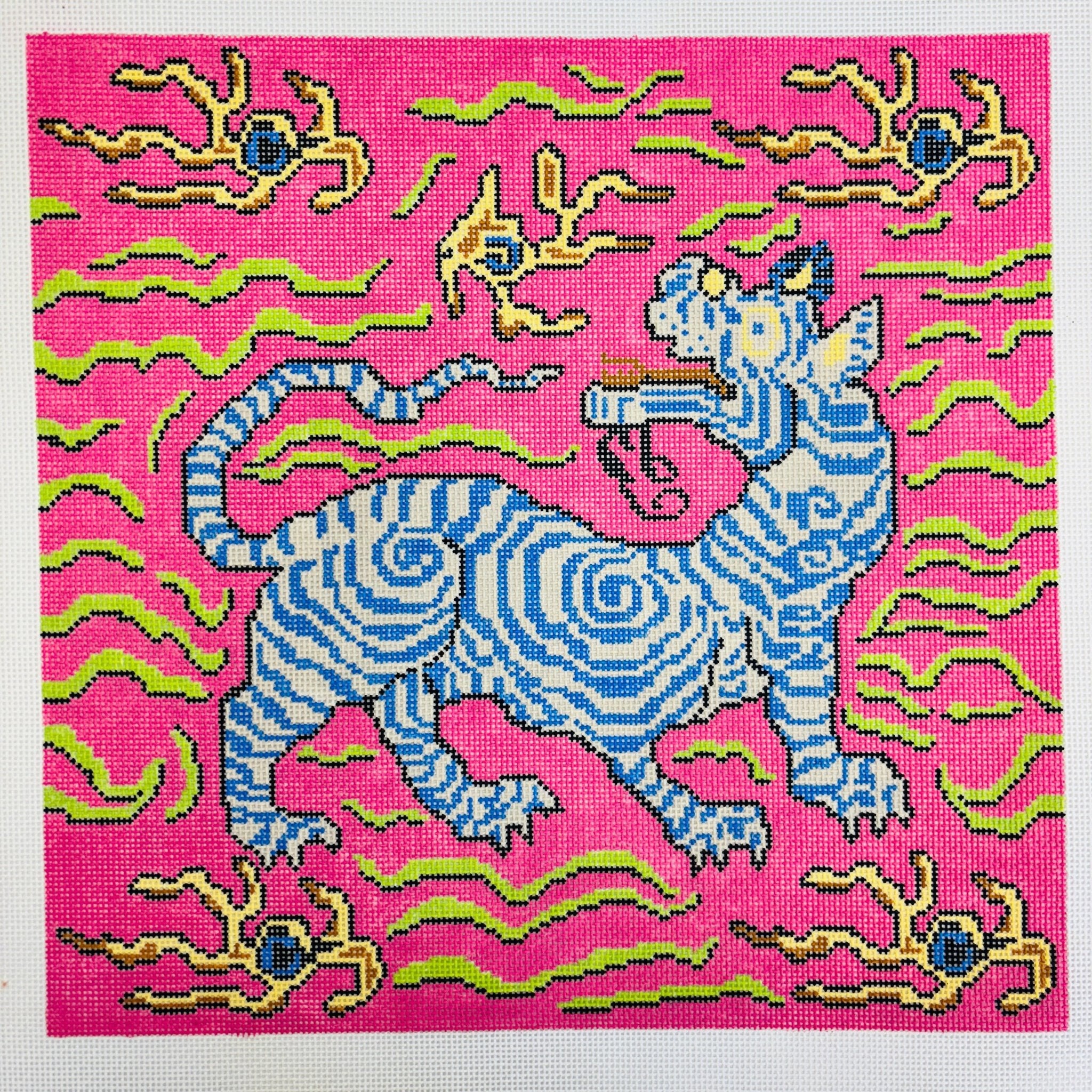 Clarence House's Tibetan Tiger Vibrant Pink Needlepoint Canvas