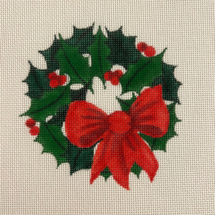 Christmas Ornament Holly Wreath w/ Red Bow Needlepoint Canvas