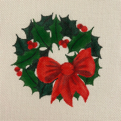 Christmas Ornament Holly Wreath w/ Red Bow Needlepoint Canvas