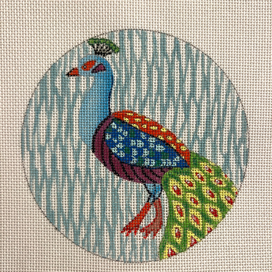 Peacock on Teal and White Needlepoint Canvas