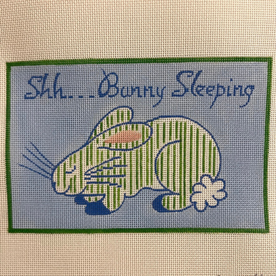 “Shh...Bunny Sleeping” Blue & Green Striped Bunny on light blue Needlepoint Canvas