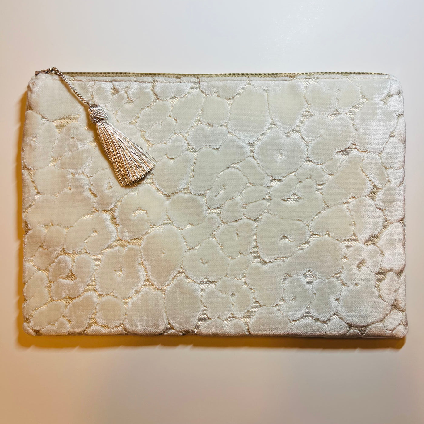 White on White Fabric Clutch with White Tassel