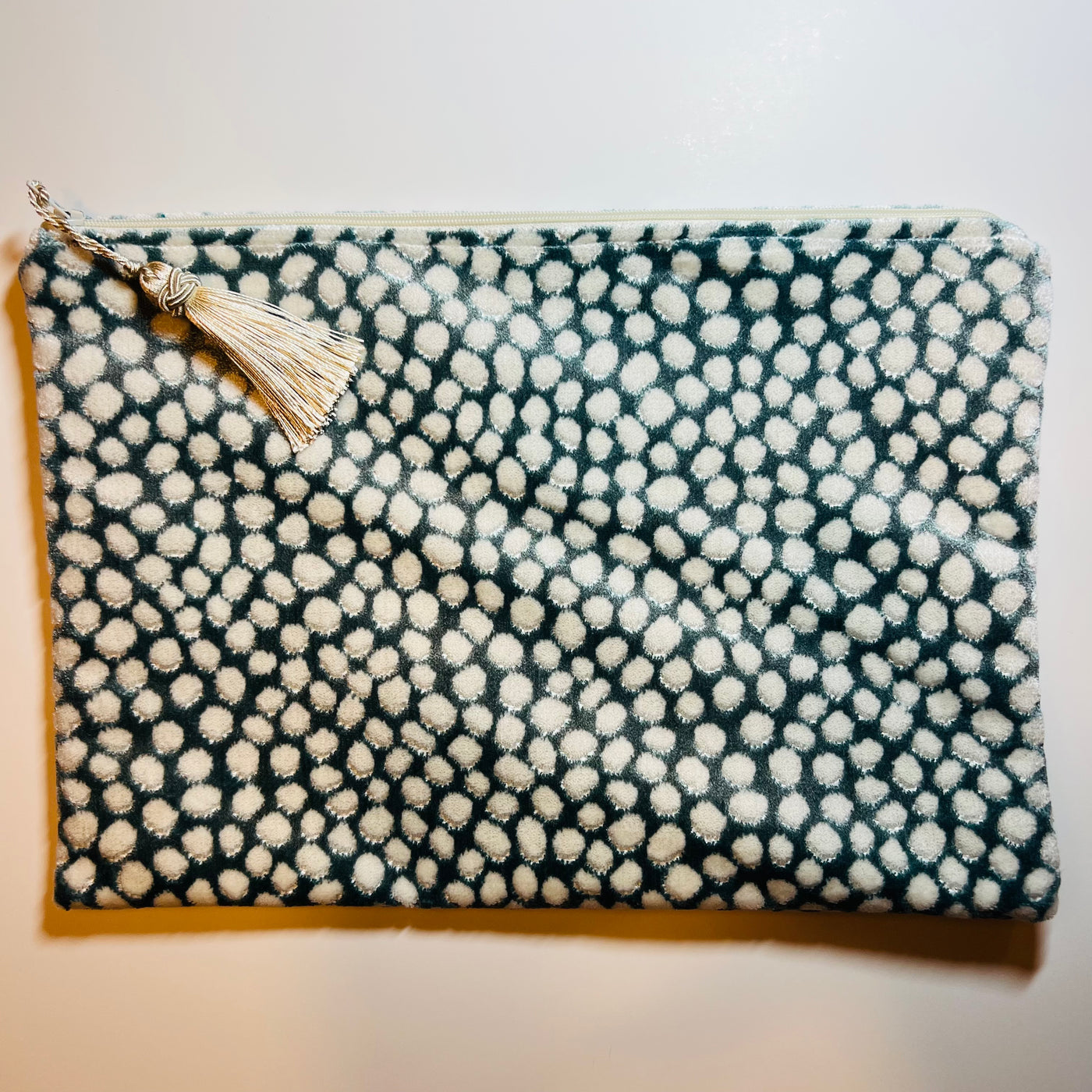 Medium Blue and White Fabric Clutch with White Tassel
