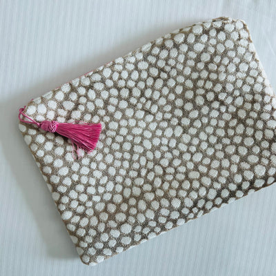 Camel and Cream Fabric Clutch with Pink Tassel