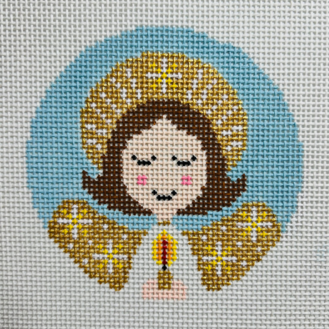 Brunette Angel Round Ornament Needlepoint Canvas