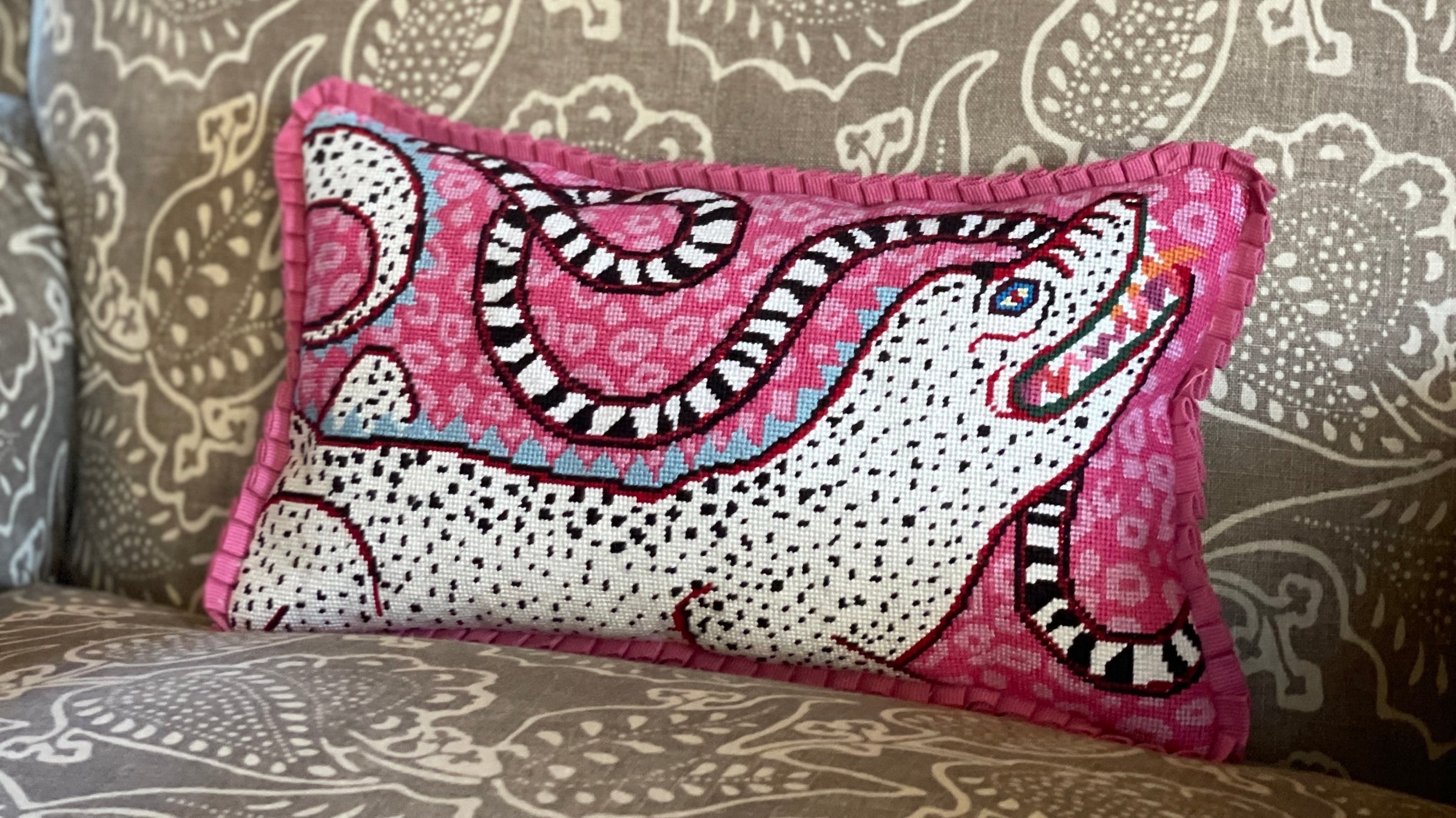 Gator Snake Needlepoint Canvas Finished with Pink Ribbon Trim by Bargello Needlepoint shop