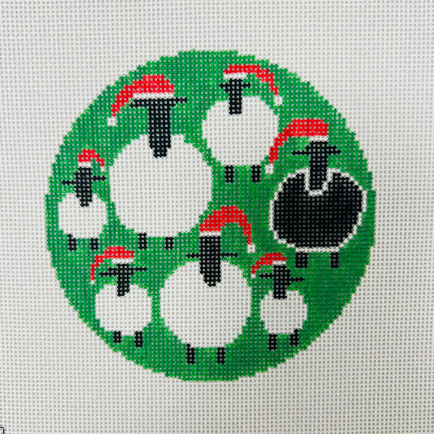 Sheep in Santa Hats Round Ornament Needlepoint Canvas