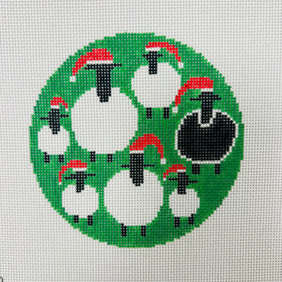 Sheep in Santa Hats Round Ornament Needlepoint Canvas