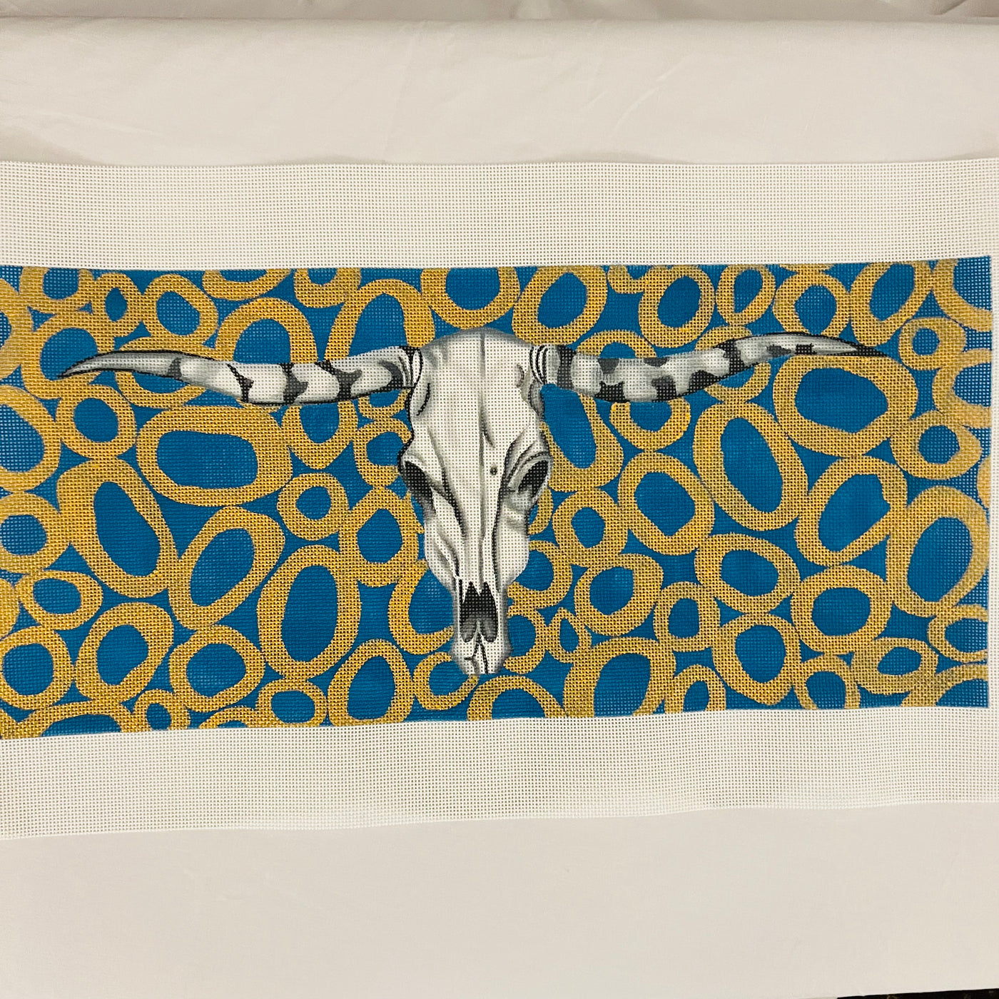 Longhorn Skull on Gold and Teal Needlepoint Canvas