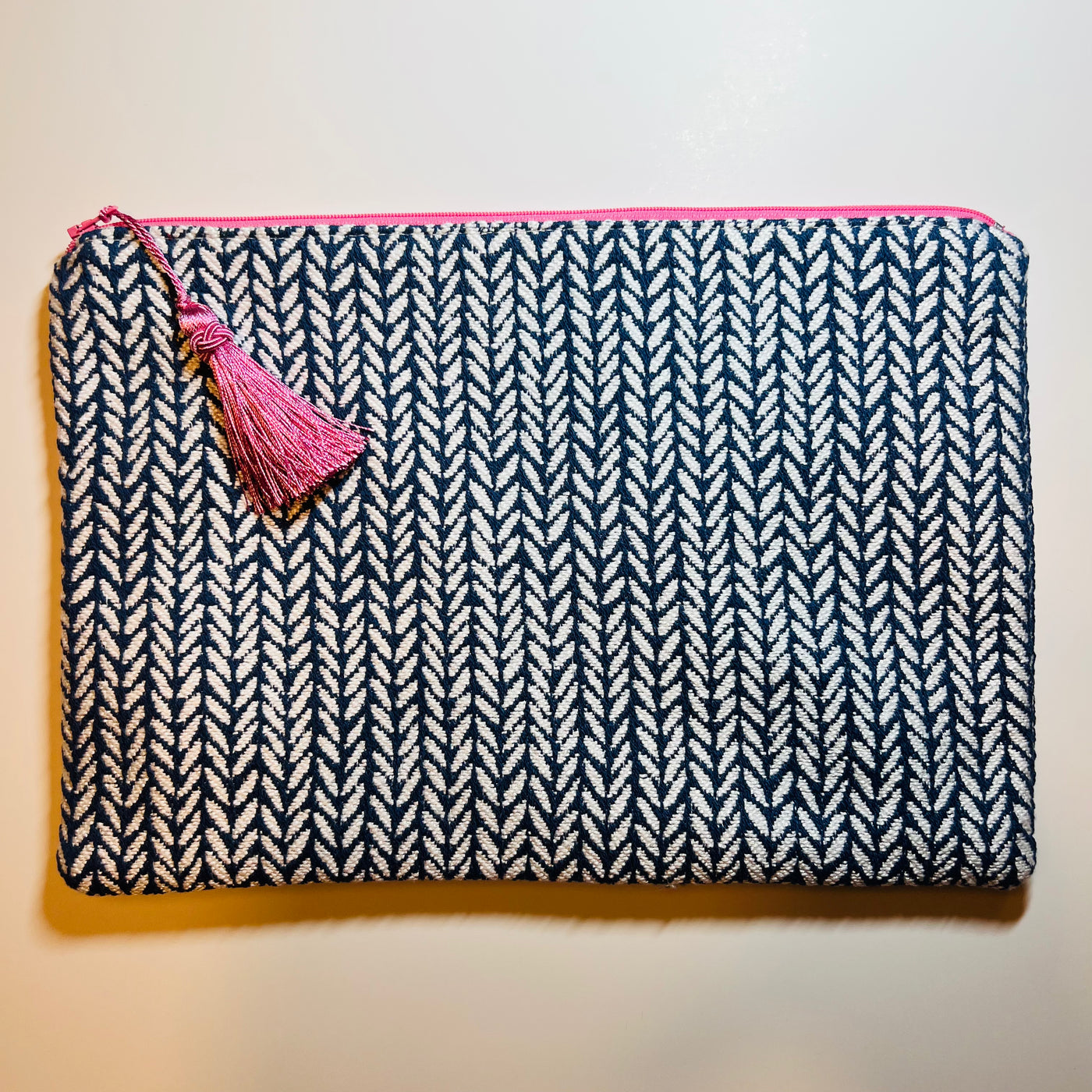Bright Navy and White Fabric Clutch with Pink Tassel