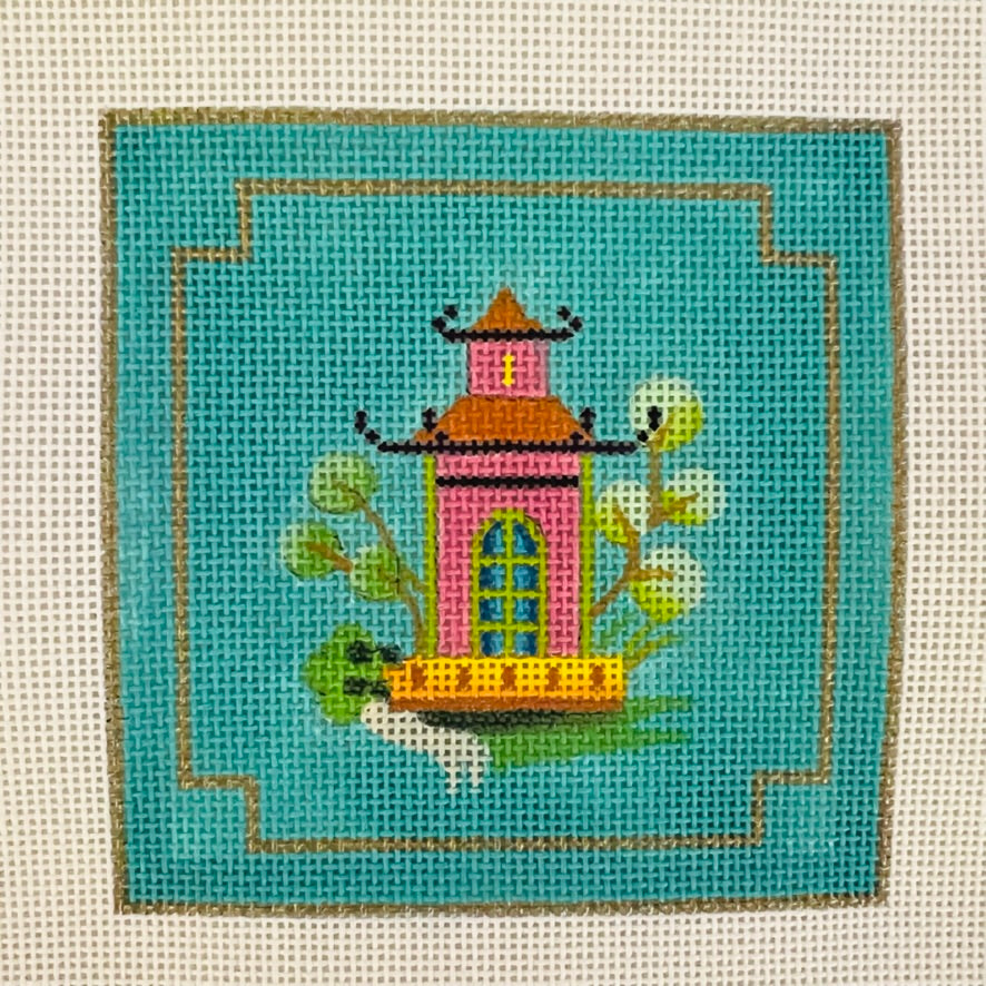 Pagoda on Turquoise Coaster Needlepoint Canvas