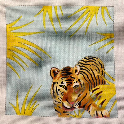 Tiger Stalking on Pale Blue Needlepoint Canvas