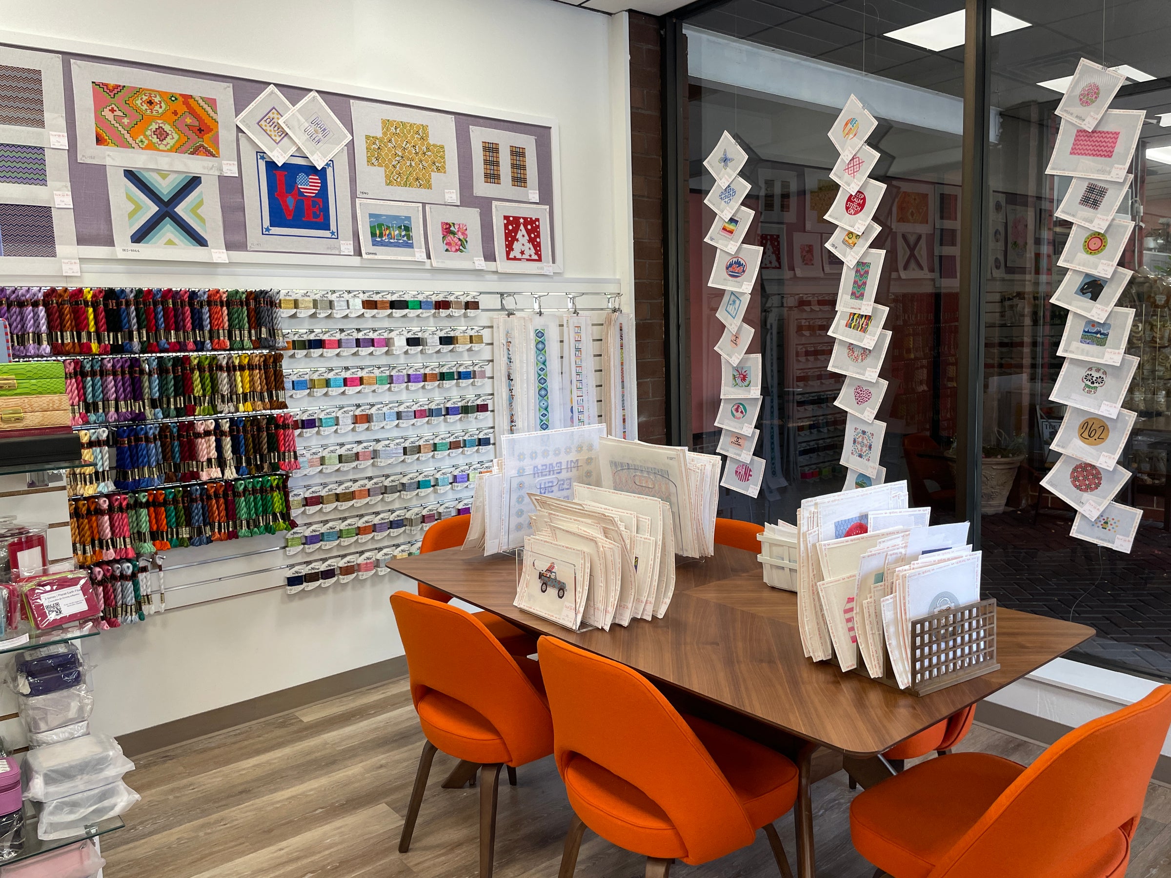 Interior photo table and chairs in Bargello Needlepoint Shop, Tuckahoe, NY