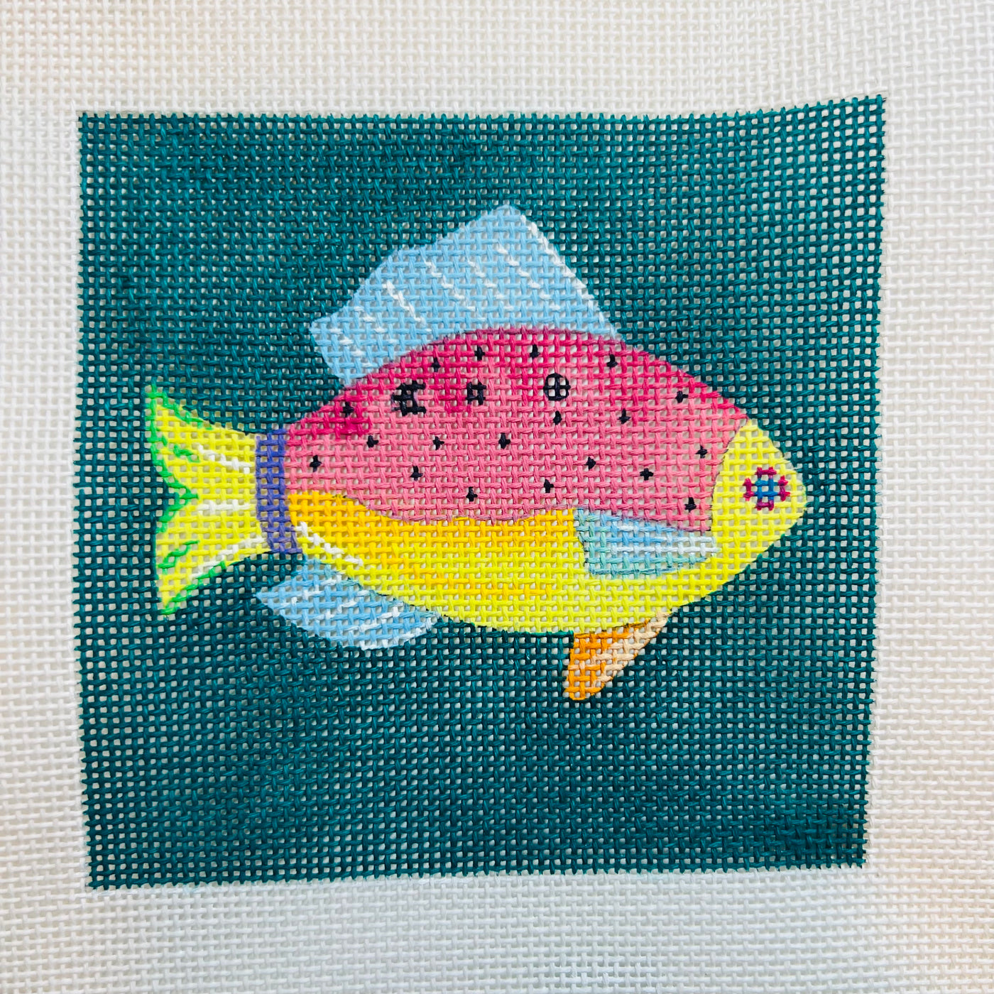 Pink/Yellow Fish on Dark Teal Coaster