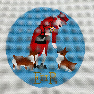 Queen Elizabeth with Corgis Round Ornament Needlepoint Canvas