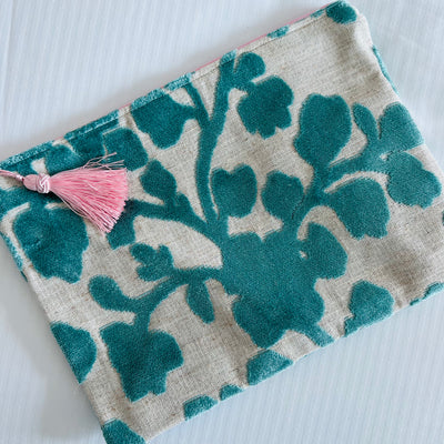 Aqua and Tan Fabric Clutch with Pink Tassel