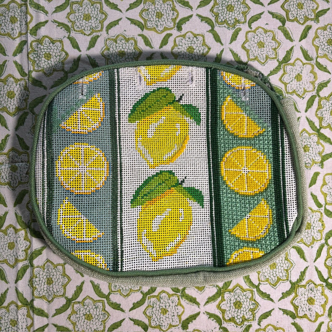 50 % Bermuda Bag Cover - Lemons with Green Fabric Back needlepoint canvas - Bargello Needlepoint