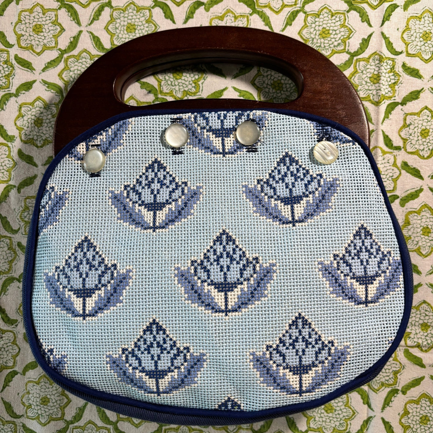 50% Deposit for Bermuda Bag Cover - Blue & Block Print with Navy Fabric Back needlepoint canvas - Bargello Needlepoint