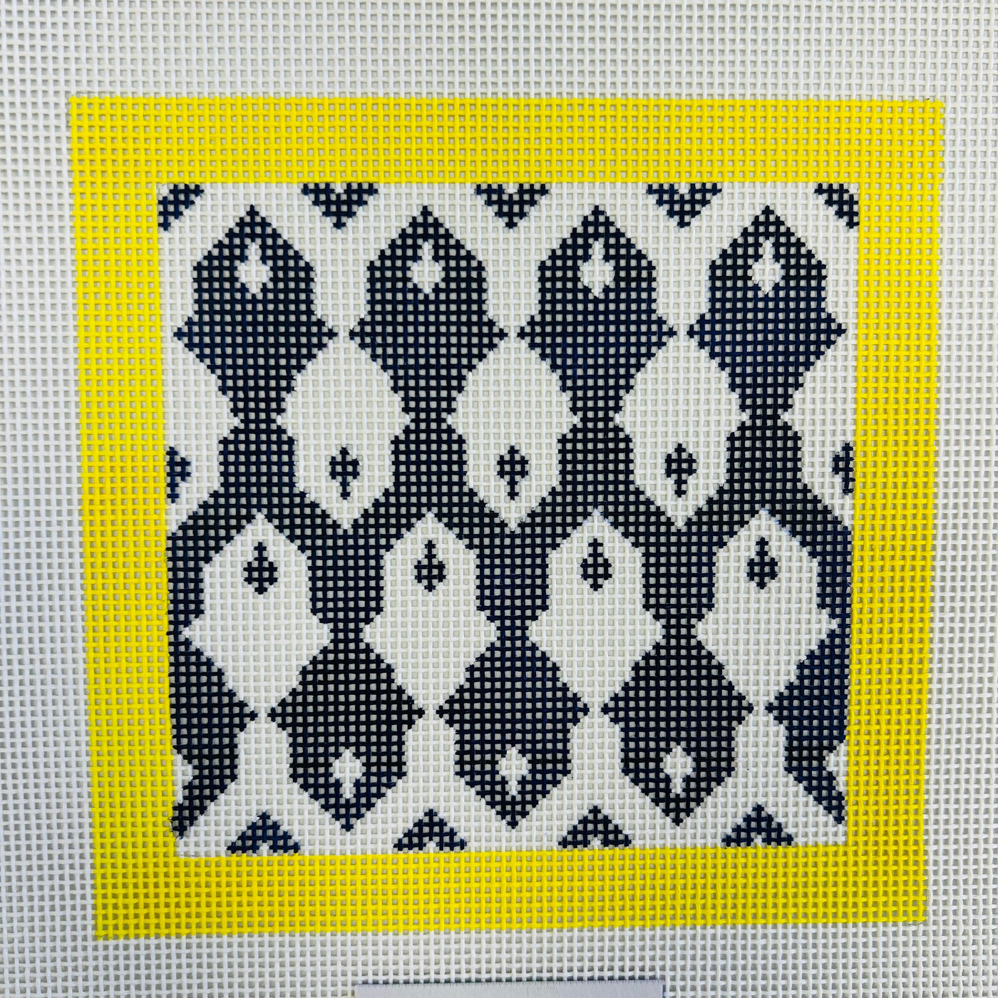 Blue and White Geometric with Yellow Border