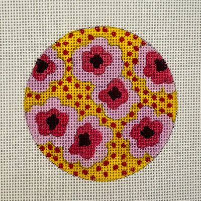 Pink Flowers on Yellow with Red Dots Needlepoint Canvas