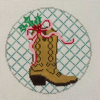 Boot & Bow in Brown Ornament Needlepoint Canvas