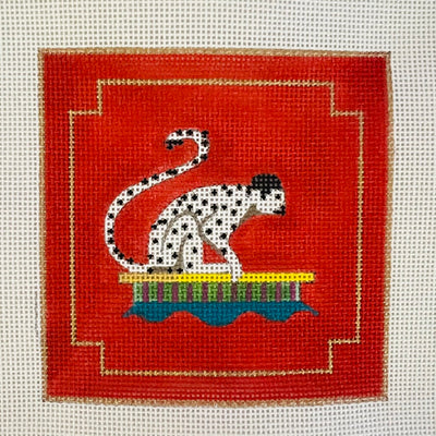 White Spotted Monkey on Red Needlepoint Canvas