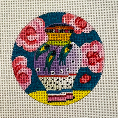 Vase with Pink Flowers on Blue Needlepoint Canvas