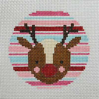 Reindeer with Red Nose on Stripes Ornament Needlepoint Canvas