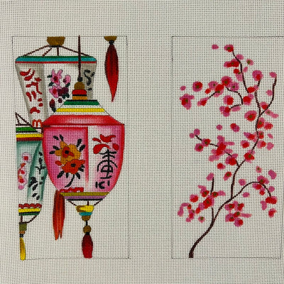 Lanterns and Cherry Blossoms Double Eyeglass Case Needlepoint Canvas