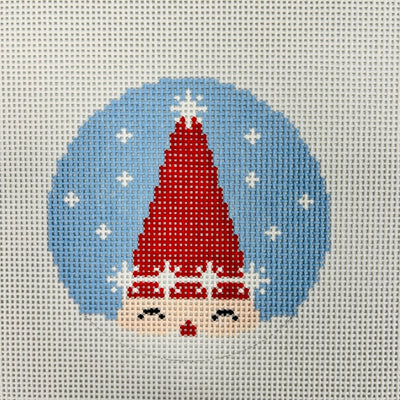 Santa with Pointy Hat on Blue Round Ornament Needlepoint Canvas