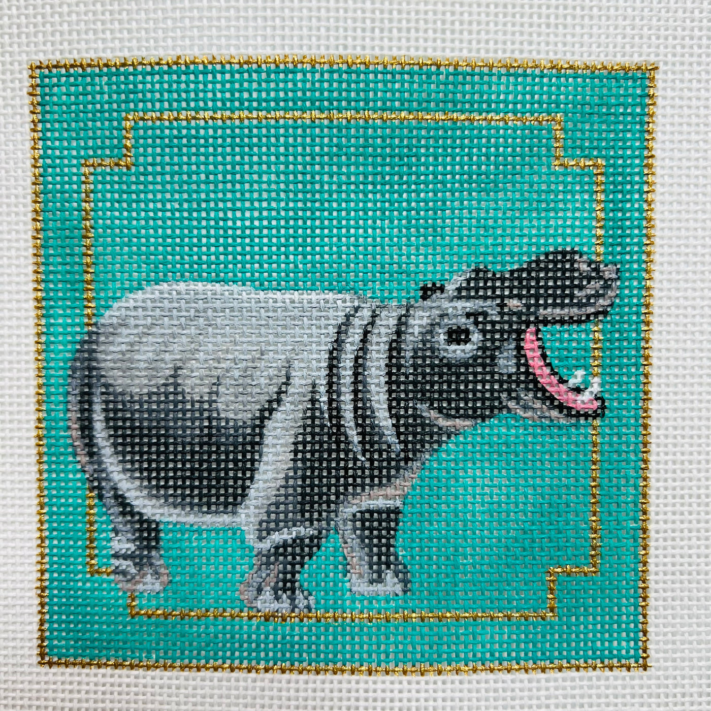 Hippo on Teal Needlepoint Canvas