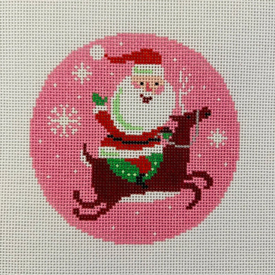 Santa on Reindeer Ornament on Pink Needlepoint Canvas