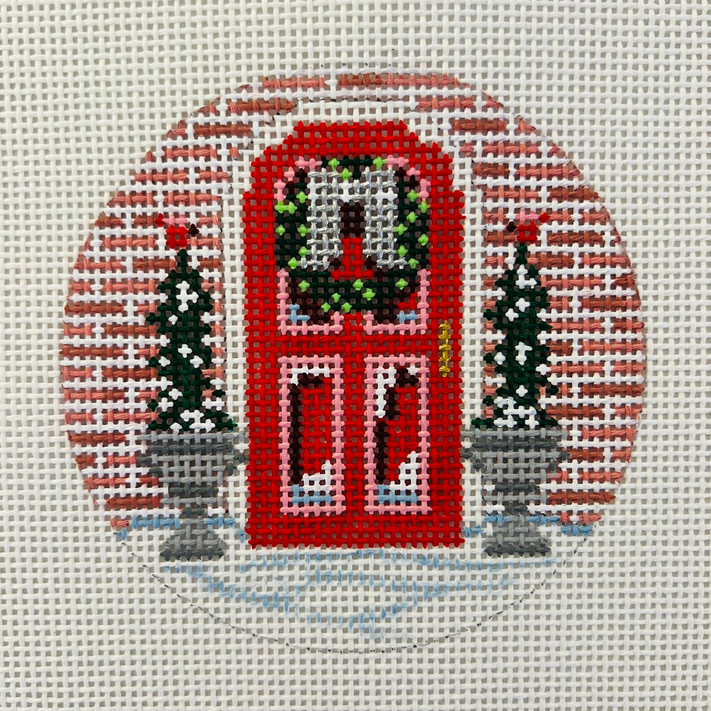 Red Door with Topiaries Ornament Needlepoint Canvas