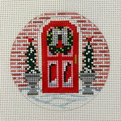 Red Door with Topiaries Ornament Needlepoint Canvas