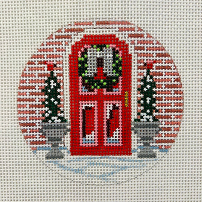 Red Door with Topiaries Ornament Needlepoint Canvas