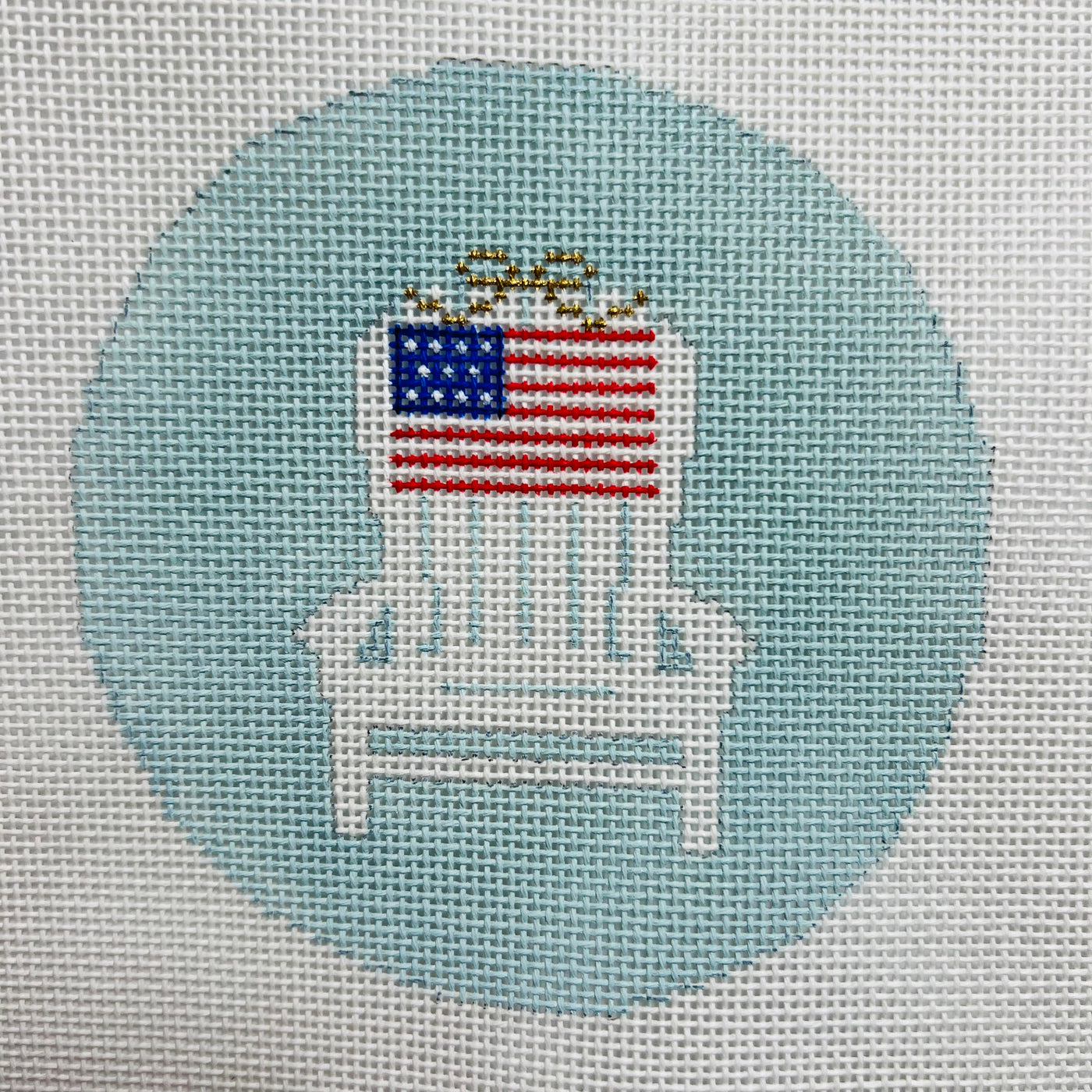 Adirondack Chair with Flag on Light Blue Needlepoint Canvas