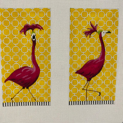 Pink Bird on Yellow Pattern Double Eyeglass Case Needlepoint Canvas