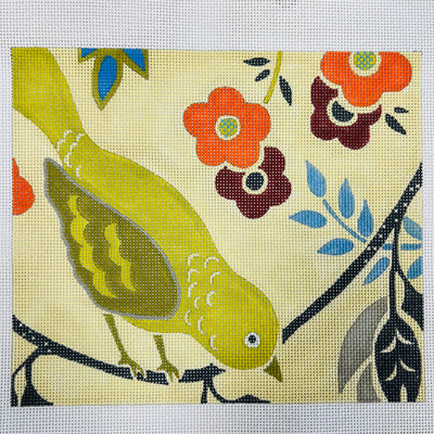 Chartreuse Bird with Flowers Needlepoint Canvas