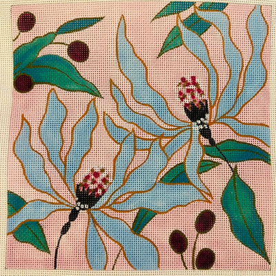 Blue Orchids on Pink Needlepoint Canvas