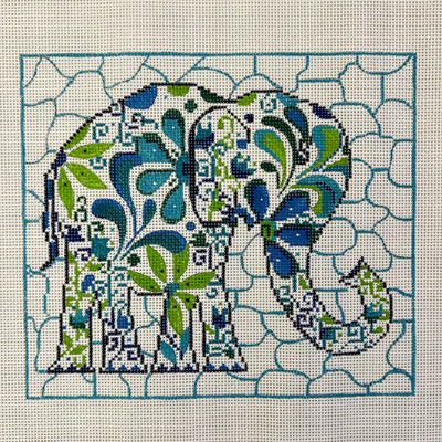 Elephant in Blues and Greens Needlepoint Canvas