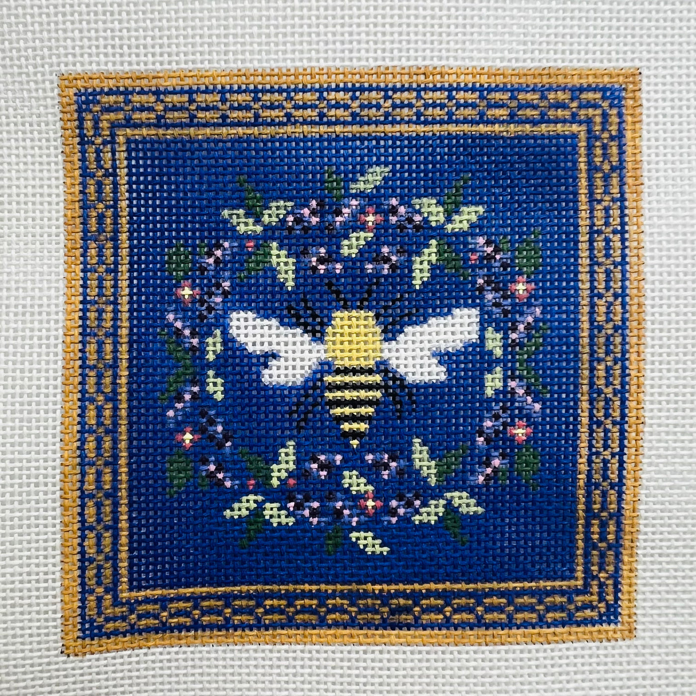 Bee & Flowers Navy Coaster Needlepoint Canvas