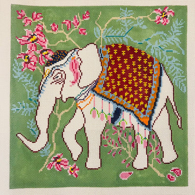 Blanketed Elephant with Orchids Needlepoint Canvas