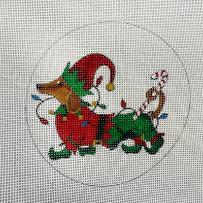 Elf Dachschund with Lights Ornament Needlepoint Canvas