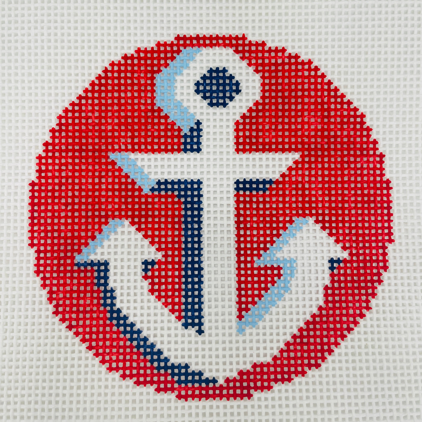 Anchor Round on Red Ornament Needlepoint Canvas