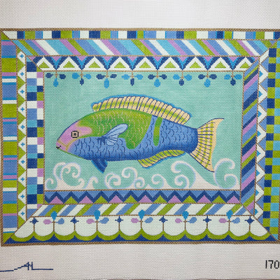 Framed Green & Purple Fish on Teal Needlepoint Canvas