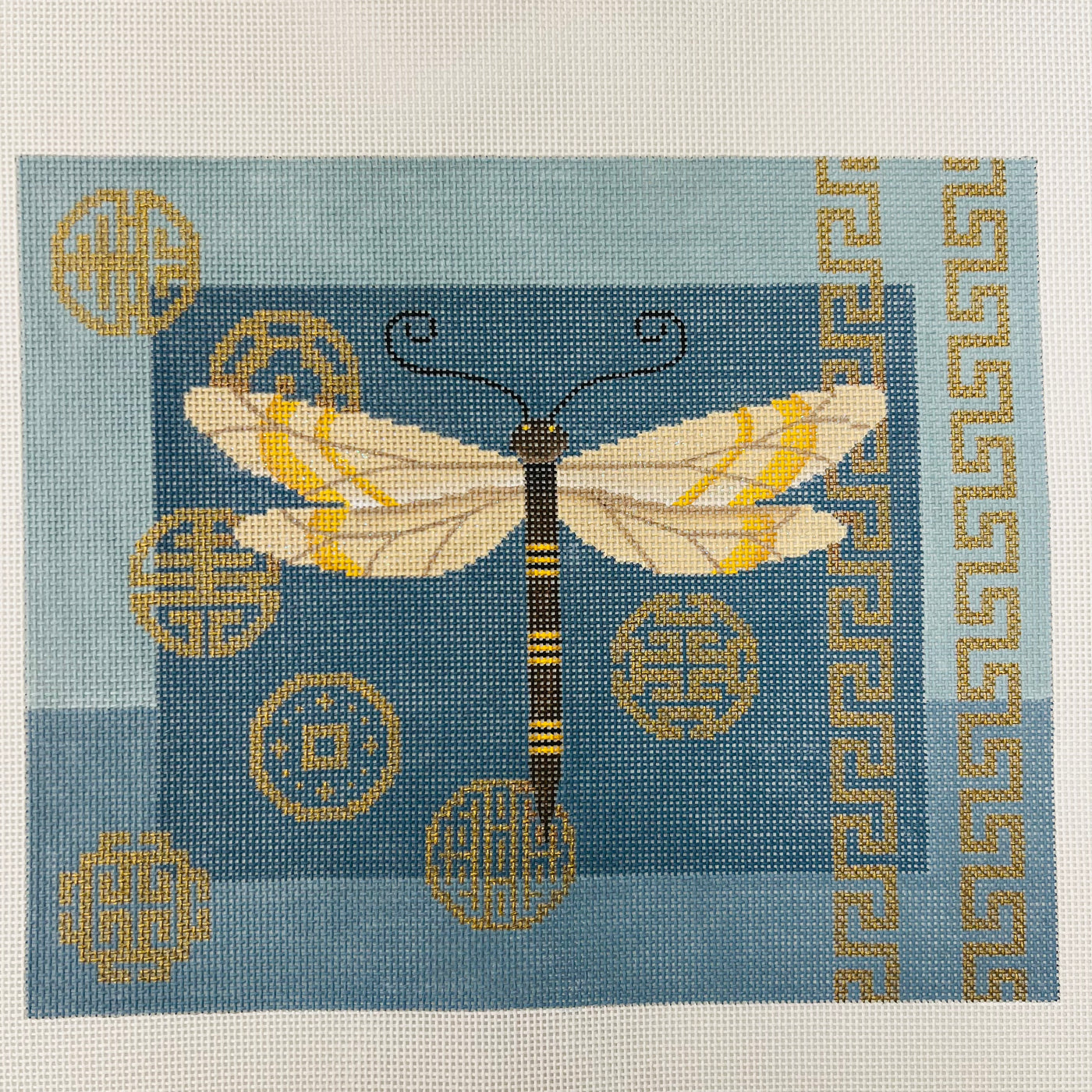 JP-B 017 Dragonfly & Coins on Blue Needlepoint Canvas