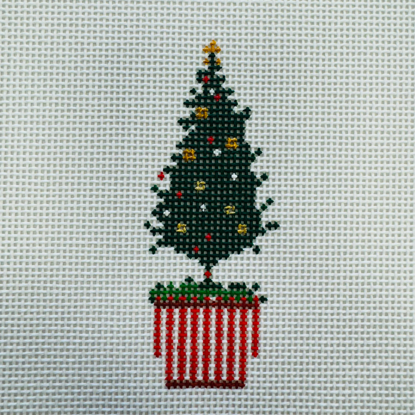 Christmas Tree in Red and White Pot Needlepoint Canvas with stitch guide