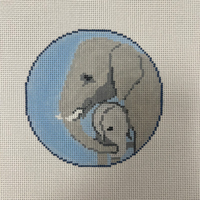 Mom and Baby Elephant Round Needlepoint Canvas