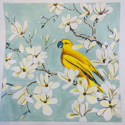 Yellow Parrot with White Flowers Needlepoint Canvas
